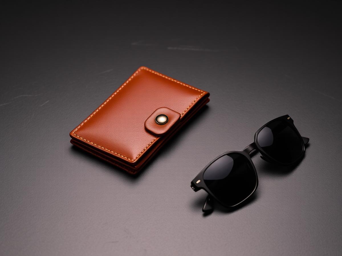 Brown leather wallet beside black sunglasses