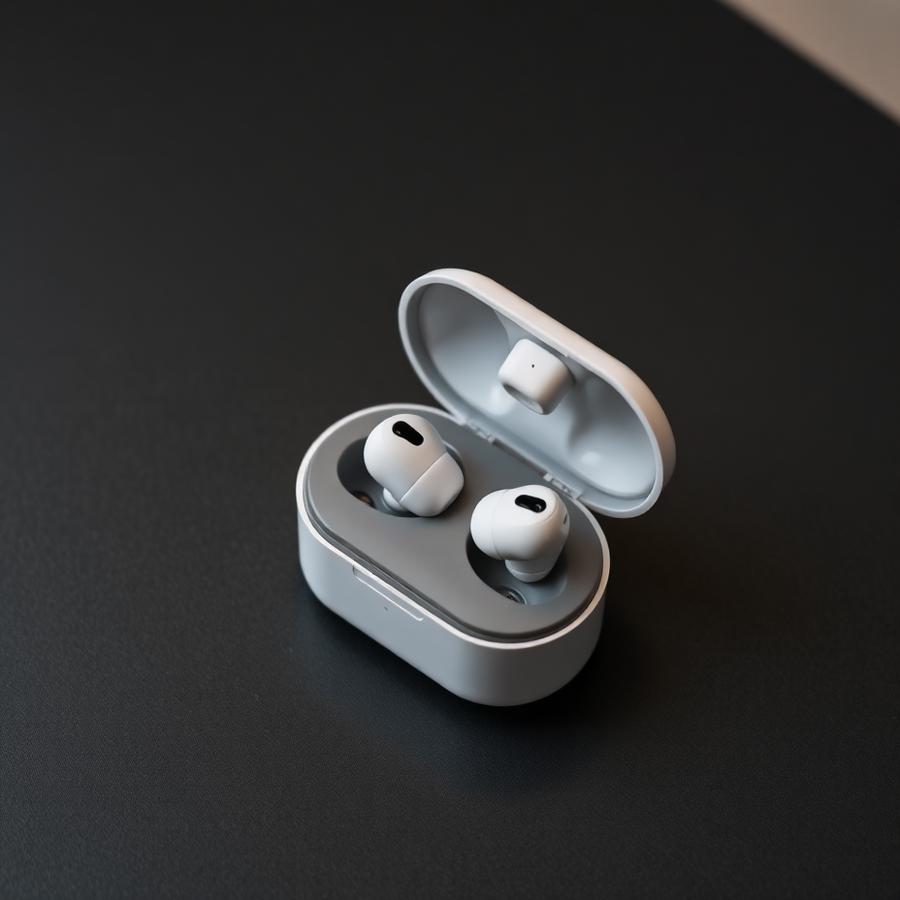 White wireless earbuds in an open charging case