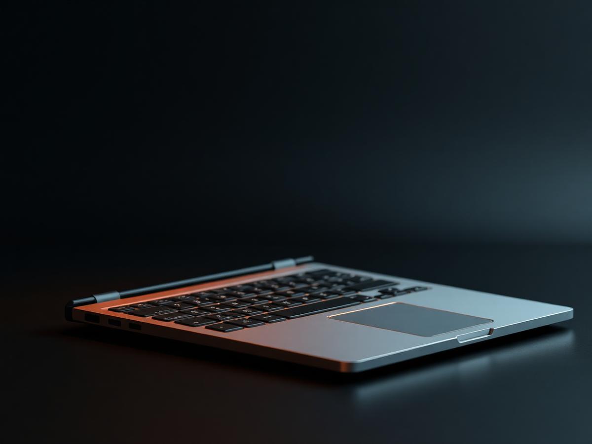 Slim modern laptop open at an angle on a dark surface