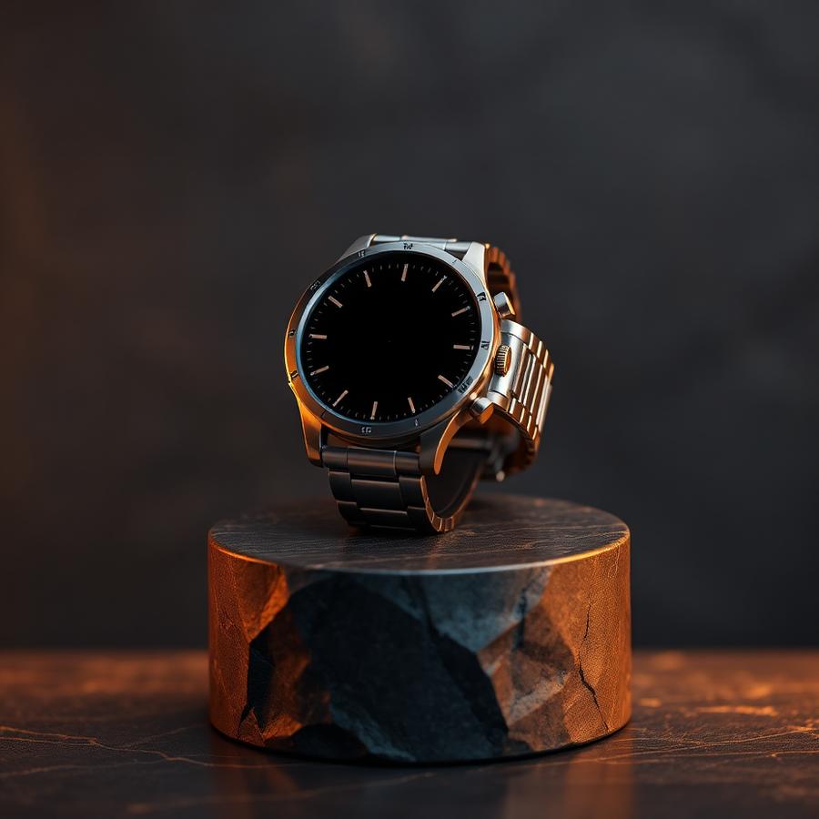 Luxury smartwatch with metal band on a dark stone pedestal